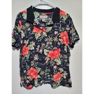 Jamaica Bay Polo Shirt Mens XL‎ Black Tropical Hibiscus Floral Print